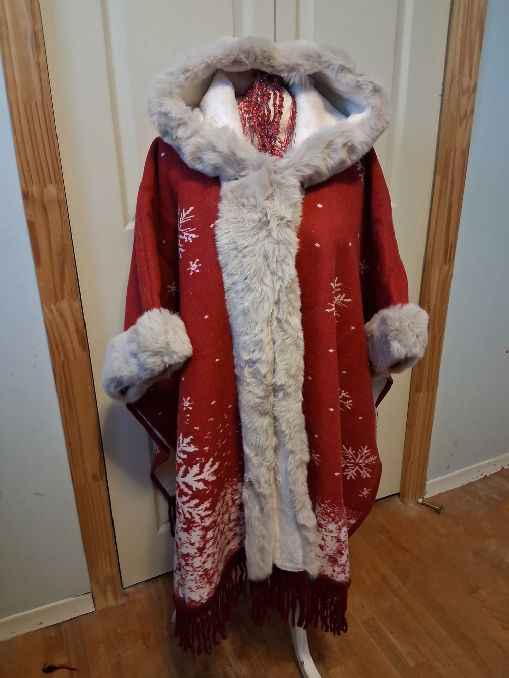 Red Faux Fur Trim Hooded Cape Coat